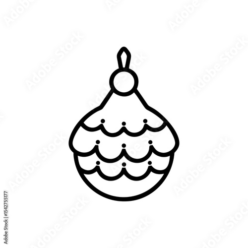 Outline drawing of a christmas ornament with scalloped design and topper