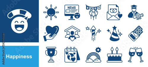 Happiness icon set with Sunshine, Good news, Family, Fireworks, Party hat, Cake, Happy.