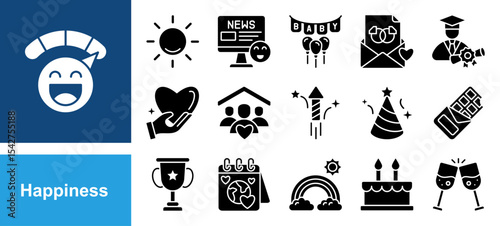 Happiness icon set with Sunshine, Good news, Family, Fireworks, Party hat, Cake, Happy.