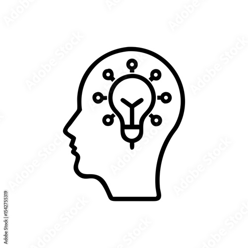 Outline of a head with a lightbulb and connected circles inside it