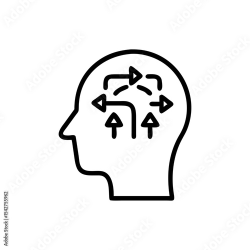 Human head outline with arrows indicating thought process and direction