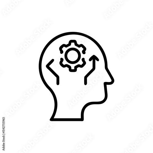 Outline of human head with gear and arrows representing thought process