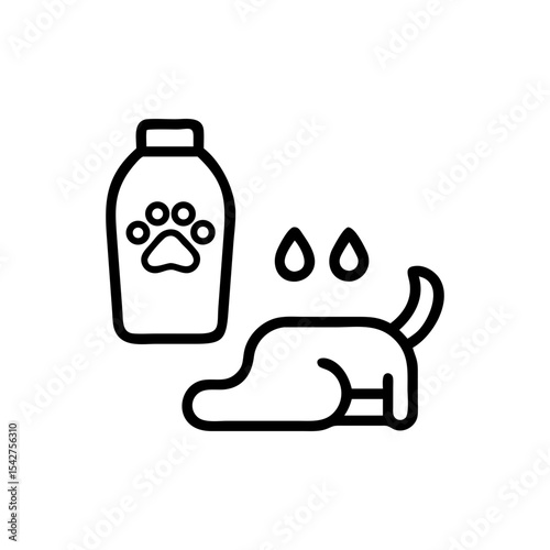 Dog grooming scene with shampoo bottle paw print and wet dog outline icon