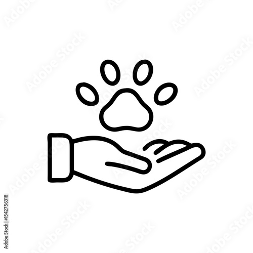 Hand holding a paw print in black outline representing animal care icon
