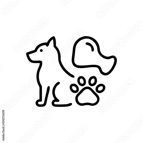Illustration of a dog sitting next to a paw print with a fluffy tail