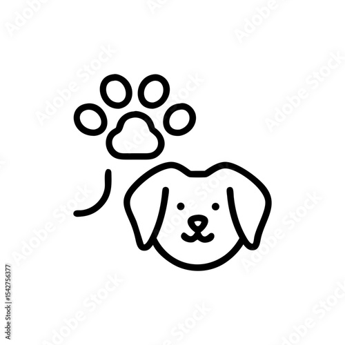 Simple line drawing of a dog face with a paw print above the head