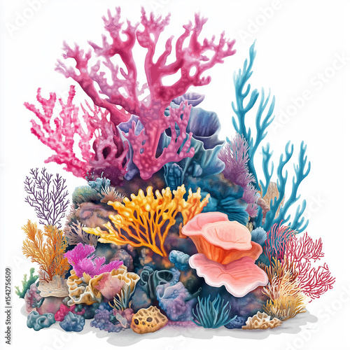 Watercolor - painted colorful coral reefs, with various shapes and gorgeous colors, creating a dreamy underwater ecological landscape, suitable for decorative design.