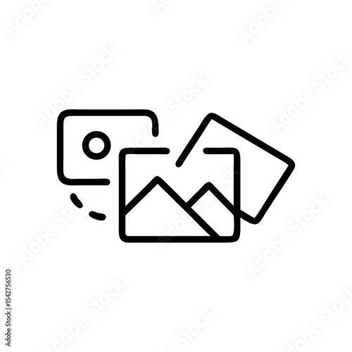 Outline drawing of three images one with mountains and one with a circle