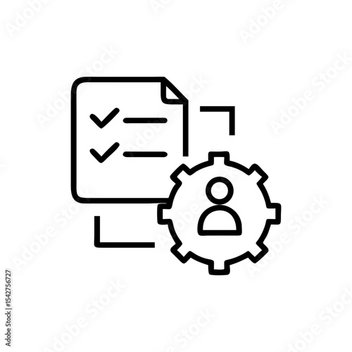 Icon showing a checklist on a paper with a gear and person inside it