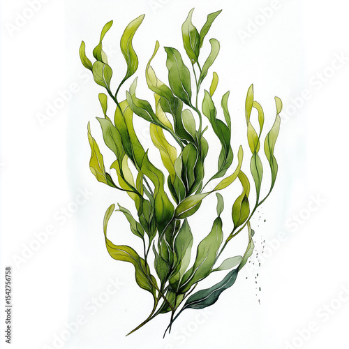 Watercolor - painted green seaweed, with spread - out leaves, natural form, fresh tones, showing the vitality and beauty of marine plants, suitable for decoration.