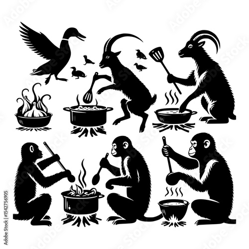 Animals cooking stew in pots over fires
