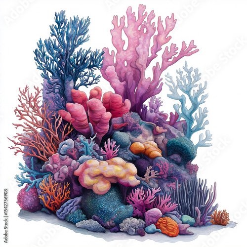 Watercolor - painted colorful coral reefs, with various shapes and gorgeous colors, creating a dreamy underwater ecological landscape, suitable for decorative design.