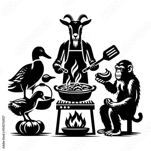 Goat chef cooking outdoors with duck and chimpanzee