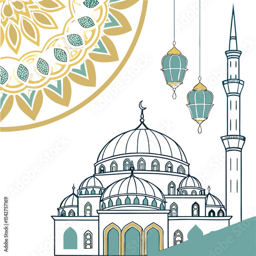 Elegant Papercut Islamic Mosque Banner with Gold Accents and Pastel Mandala Patterns