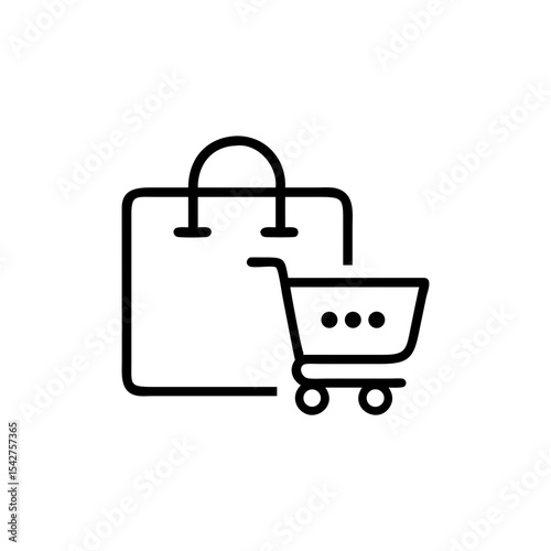 Outline drawing of a shopping bag with a shopping cart in the corner