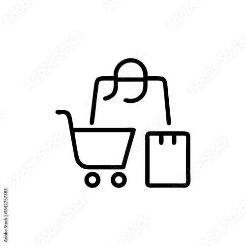 Illustration of a shopping cart, shopping bag and a package in black line