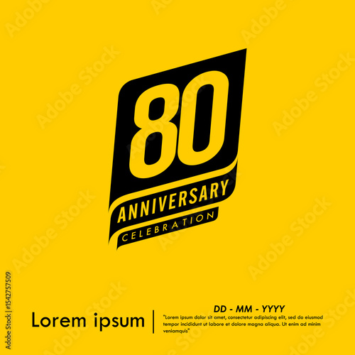 80th years anniversary celebration emblem. congratulations anniversary black logo isolated with ribbons on yellow background. vector illustration template design for web banner.