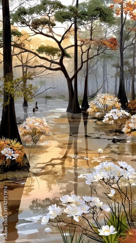 Serene Swamp Landscape Misty Dawn, Cypress Trees, and Water Reflections