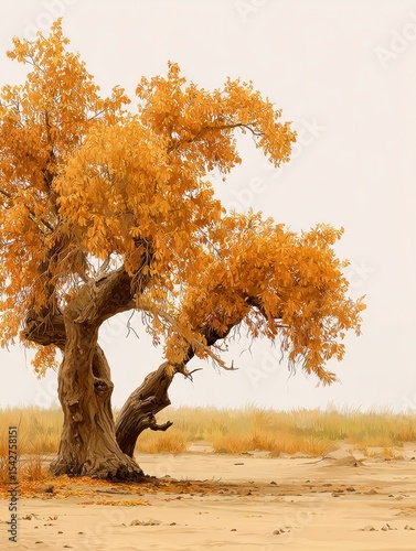 Golden Autumn Tree in Desert Landscape A Stunning Photograph