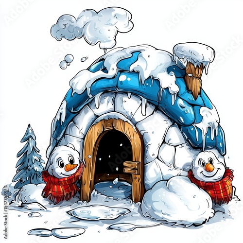 Charming Snow Igloo with Snowman Friends Winter Wonderland Illustration