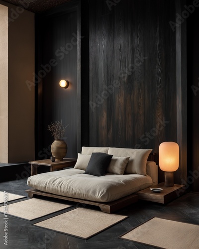 Japanese-inspired minimalist space with charred wood wall mounting blank ash frame, low-profile sofa in natural fabric, and ceramic lamp for interior design and decor concepts. 