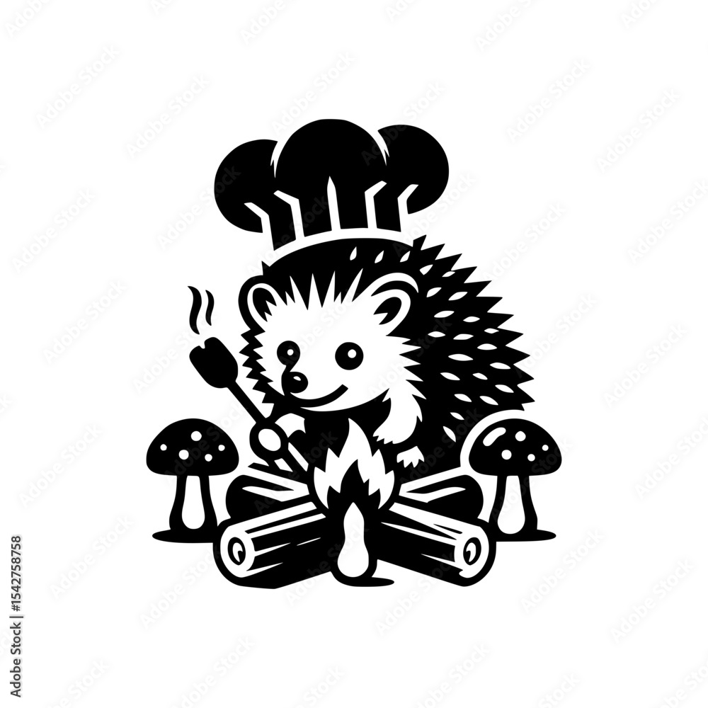 Cute chef hedgehog roasting marshmallows by campfire Cute chef hedgehog roasting marshmallows by campfire