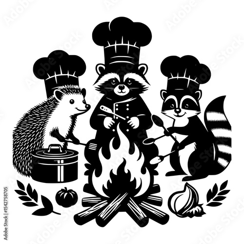 Chef raccoon and friends campfire cookout