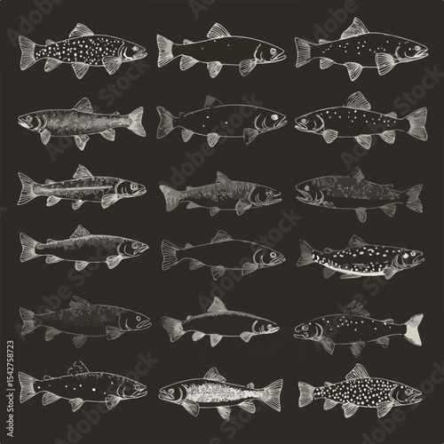 brown trout silhouette set, Black & White silhouette set 