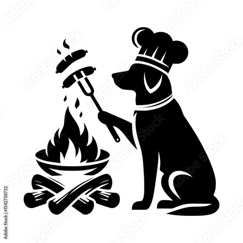 Chef dog cooking sausages over campfire