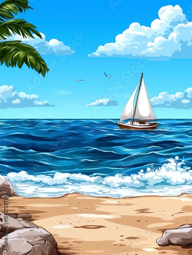 Serene Sailboat on a Tropical Beach A Stunning Ocean View Illustration