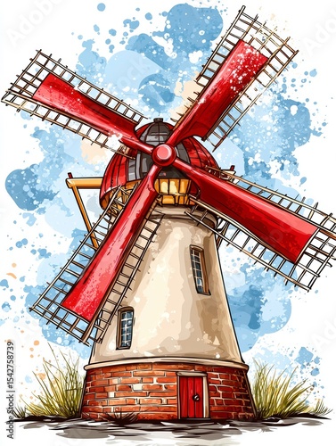 Vibrant Watercolor Illustration of a Classic Dutch Windmill
