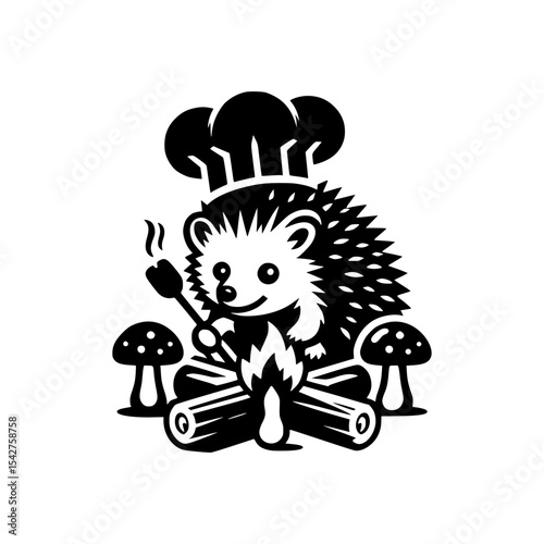 Cute chef hedgehog roasting marshmallows by campfire