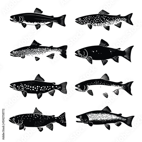 brown trout silhouette set, Black & White silhouette set 