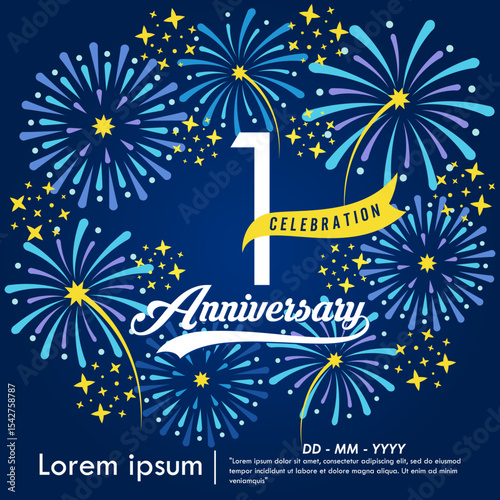 1st year anniversary celebration emblem. congratulations anniversary logo isolated with yellow ribbon and fireworks sparkle on blue background. vector illustration template design for web banner	
