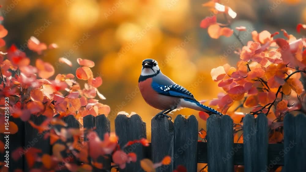 A jay perched on a rustic wooden fence bathed in autumnal sunlight
