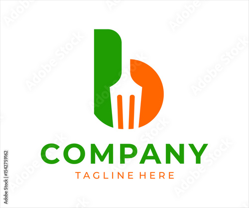 Food logo design that combines the letter b with a fork, using green and orange colors.