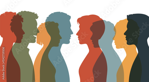 Diverse Group of People Silhouettes in Profile View a Vibrant colour Palette Representing Community and Teamwork