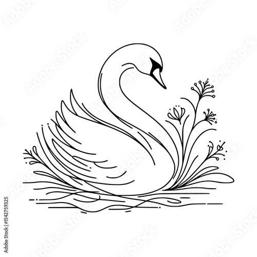 Elegant line art swan with floral design