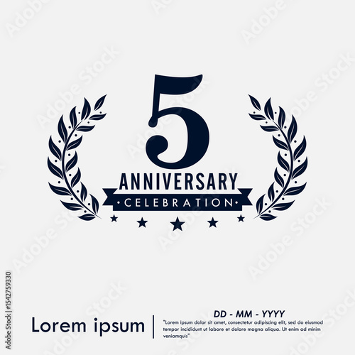 5th years anniversary celebration emblem. congratulations anniversary logo isolated with ribbon and laurel wreath on white background. vector illustration template design for web	
