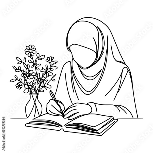 Woman in hijab writing in notebook with flowers