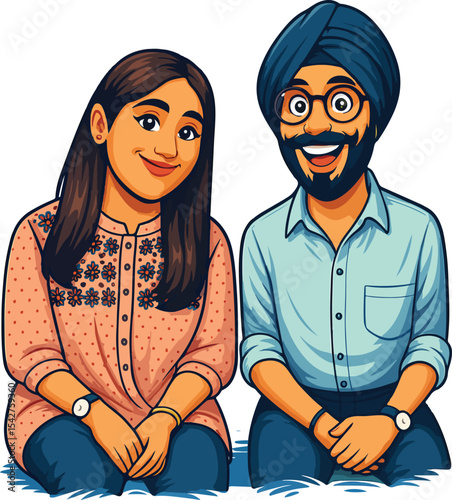 Indian Punjabi couples vector cartoon illustration