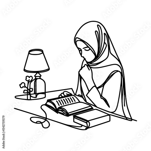 Woman in hijab reading a book at night