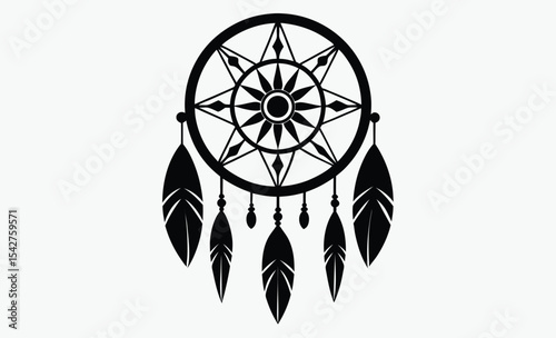 Dreamcatcher silhouette vector, tribal spiritual design, circular web with feathers