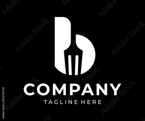 Food logo design that combines the letter b with a fork, using white color.