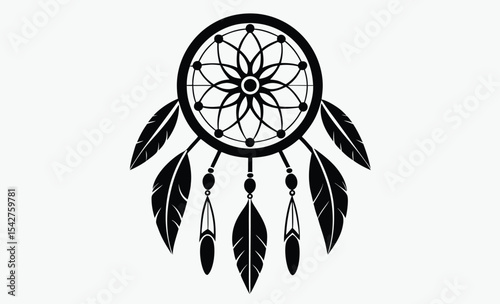 Dreamcatcher silhouette vector, tribal spiritual design, circular web with feathers