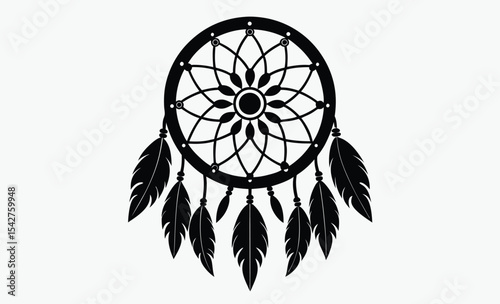 Dreamcatcher silhouette vector, tribal spiritual design, circular web with feathers