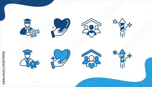 Happiness icon set with Graduation, Heart, Family, Fireworks.