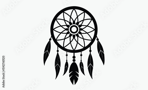Dreamcatcher silhouette vector, tribal spiritual design, circular web with feathers
