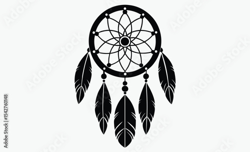 Dreamcatcher silhouette vector, tribal spiritual design, circular web with feathers