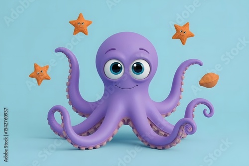 Cartoon purple octopus juggling starfish against a light blue background